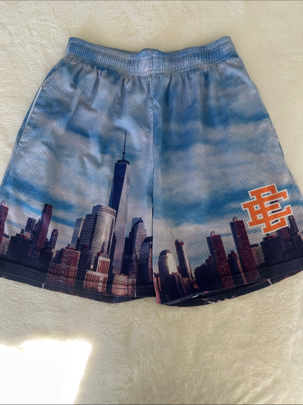Eric Emanuel Skyline Print Light Blue Athletic Shorts with Orange Logo